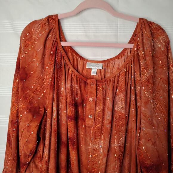 DressBarn Peasant Blouse 3/4 Sleeve Burnt Orange Sequins Embroidered 3X - Picture 3 of 15